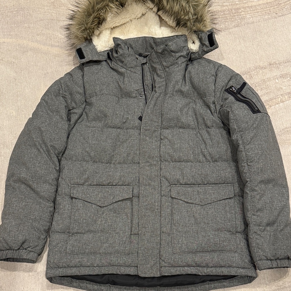 H&M Gray Puffer Jacket with Faux Fur Hood Kids 11-12